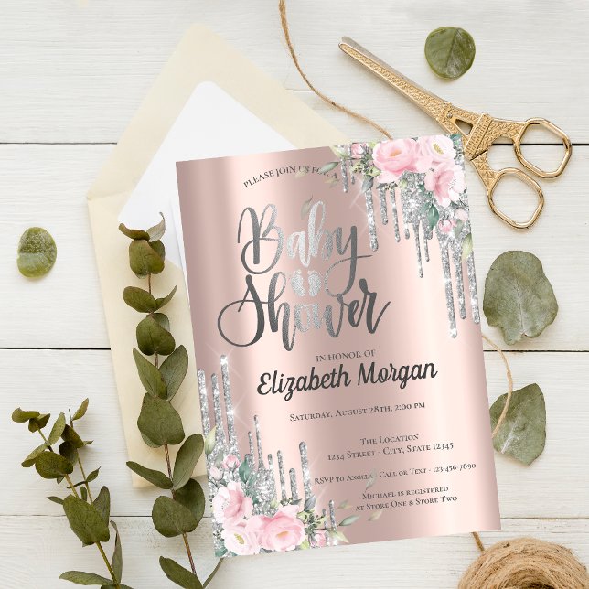 Silver Drips Rose Gold Floral Baby Shower Invitation (Creator Uploaded)