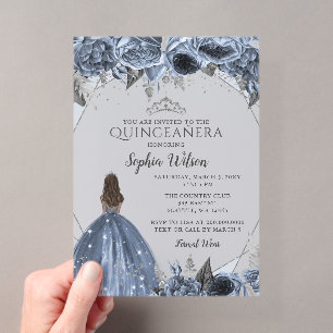 Silver Dusty Blue Floral Princess Quinceañera  Acrylic Invitations