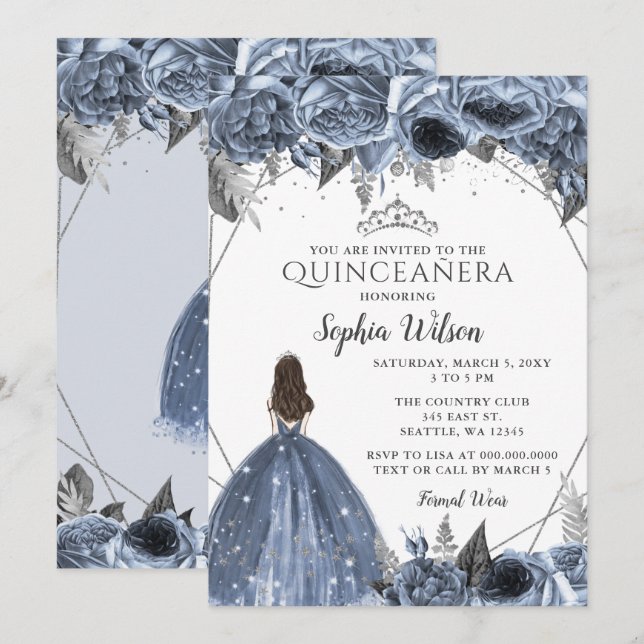 Silver Dusty Blue Floral Princess Quinceañera Invitation (Front/Back)