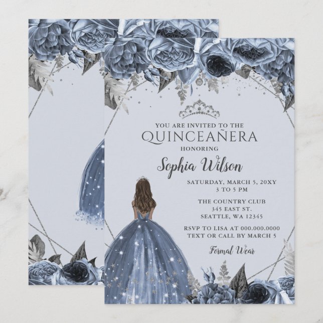 Silver Dusty Blue Floral Princess Quinceañera  Invitation (Front/Back)