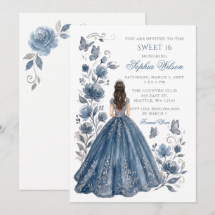 Silver Dusty Blue Floral Princess Sweet 16 Invitation