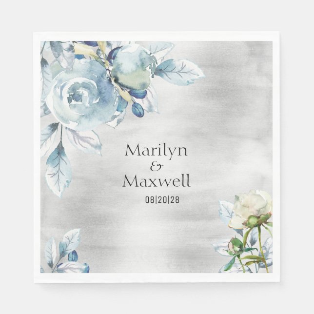 Silver Dusty Blue Peony Wedding 6 Inch Luncheon Napkin (Front)