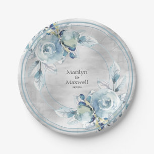 Silver Dusty Blue Peony Wedding 7 Inch Luncheon Paper Plate