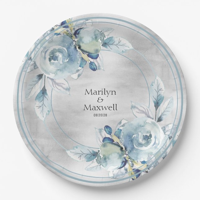 Silver Dusty Blue Peony Wedding 9 Inch Dinner Paper Plate (Front)