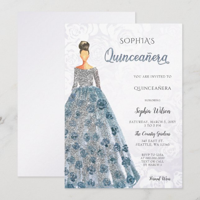 Silver Dusty Blue Sparkle Dress Quinceanera  Invitation (Front/Back)