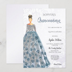 Silver Dusty Blue Sparkle Dress Quinceanera Invitation