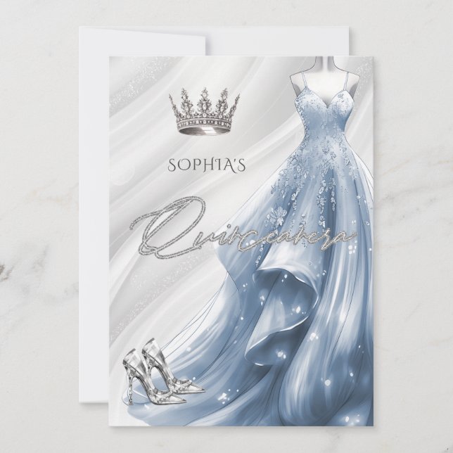 Silver Dusty Blue Sparkle Dress Quinceañera  Invitation (Front)
