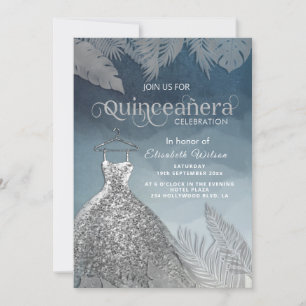 Silver dusty blue tropical dress Quinceañera  Invitation
