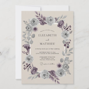 Silver Dusty Lilac Wreath Wedding Invitation