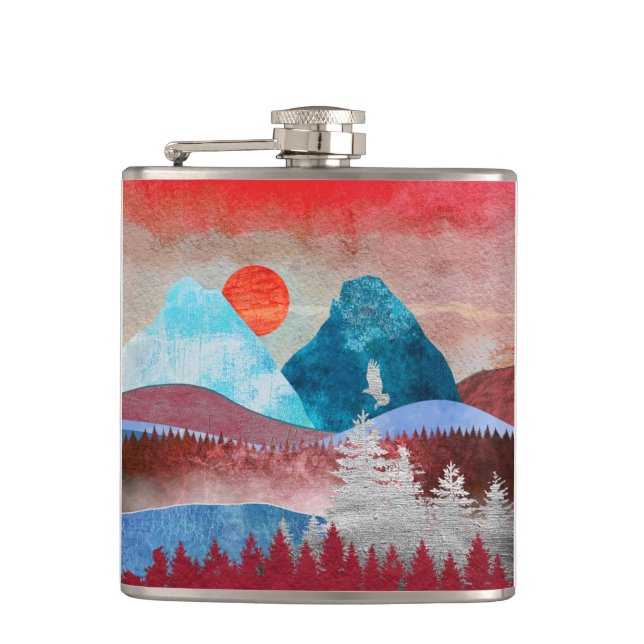 Silver Eagle Landscape Hip Flask (Front)