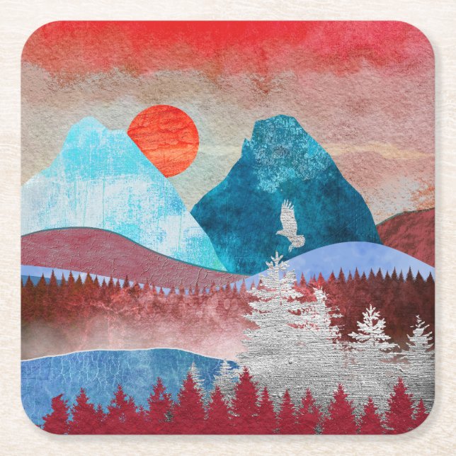 Silver Eagle Landscape Square Paper Coaster (Front)