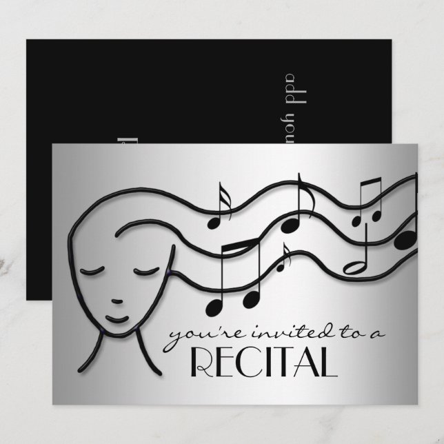 silver effect music recital invitation (Front/Back)
