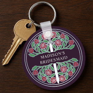 Silver Eggplant Floral Bridesmaid Royal Wedding Keychain