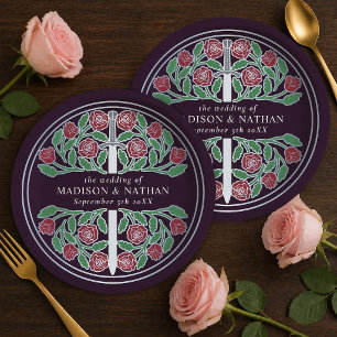 Silver Eggplant Medieval Floral Sword Wedding  Paper Plate