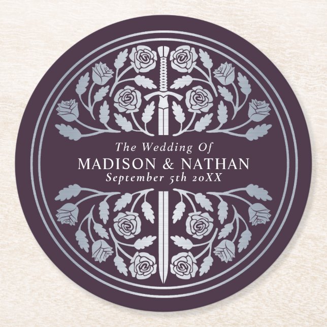 Silver Eggplant Royal Medieval Sword Wedding Round Paper Coaster (Front)