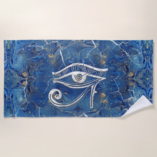 Silver Egyptian Eye of Horus  on blue marble Beach Towel (Front)