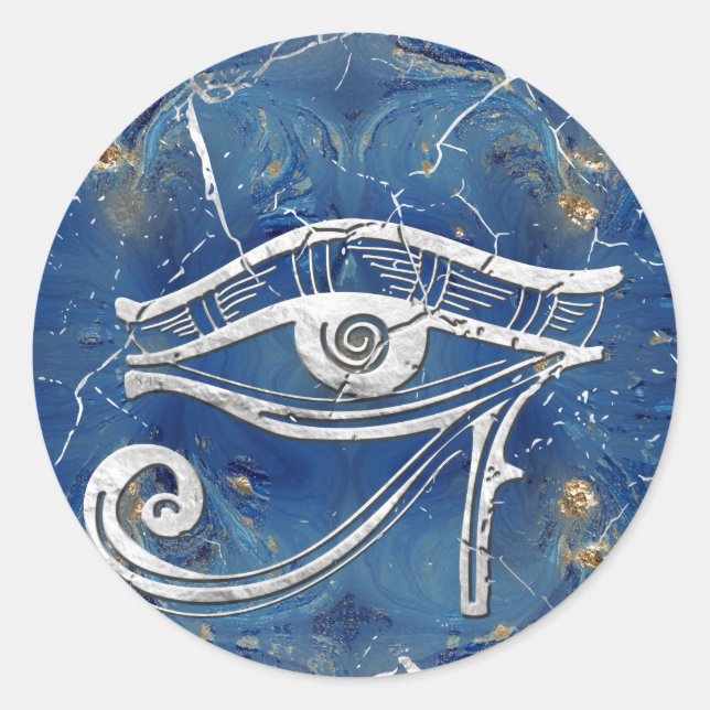 Silver Egyptian Eye of Horus  on blue marble Classic Round Sticker (Front)