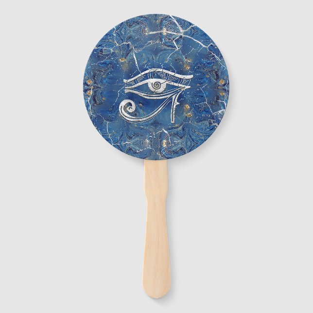 Silver Egyptian Eye of Horus  on blue marble Hand Fan (Front)
