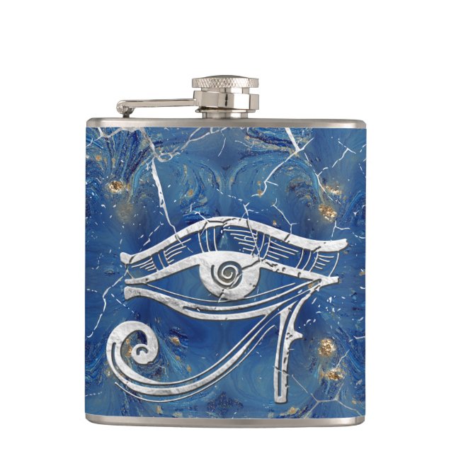 Silver Egyptian Eye of Horus  on blue marble Hip Flask (Front)