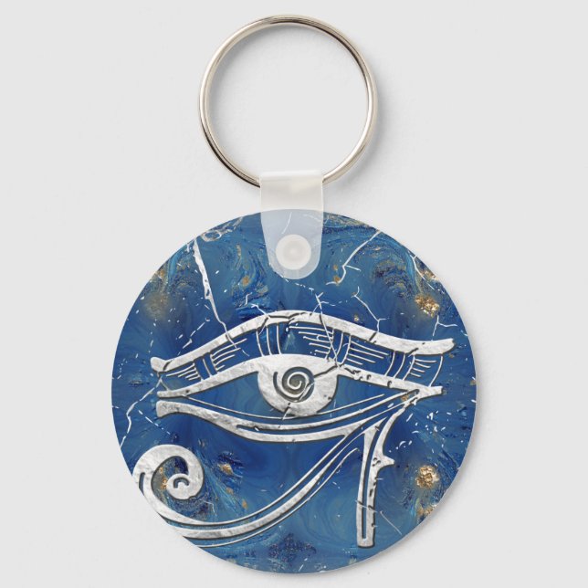 Silver Egyptian Eye of Horus  on blue marble Keychain (Front)