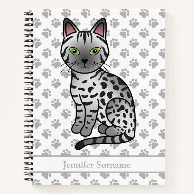 Silver Egyptian Mau Cute Cartoon Cat & Custom Text Notebook (Front)
