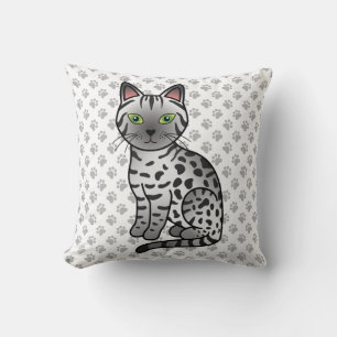 Silver Egyptian Mau Cute Cartoon Cat & Paws Throw Pillow