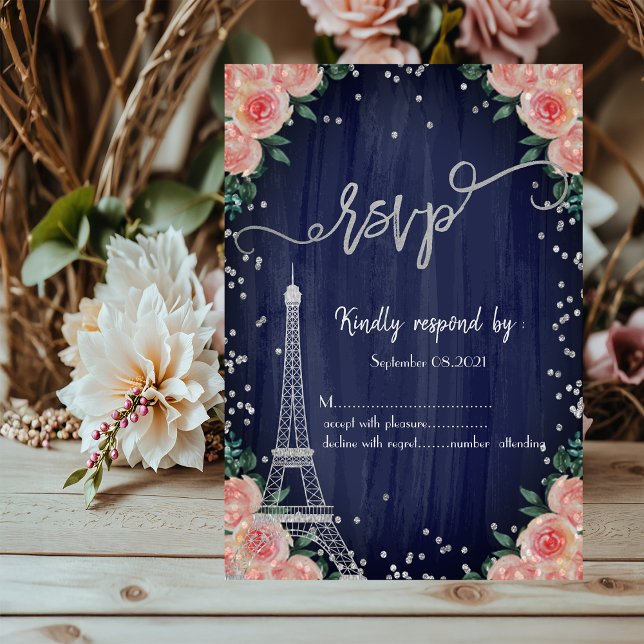 Silver Eiffel Tower Diamonds Floral Navy Blue RSVP Invitation (Creator Uploaded)