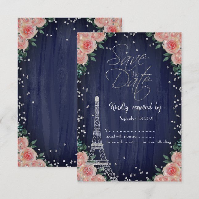 Silver Eiffel Tower Diamonds Floral RSVP  Invitation (Front/Back)