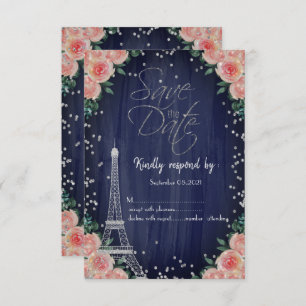 Silver Eiffel Tower Diamonds Floral RSVP  Invitation