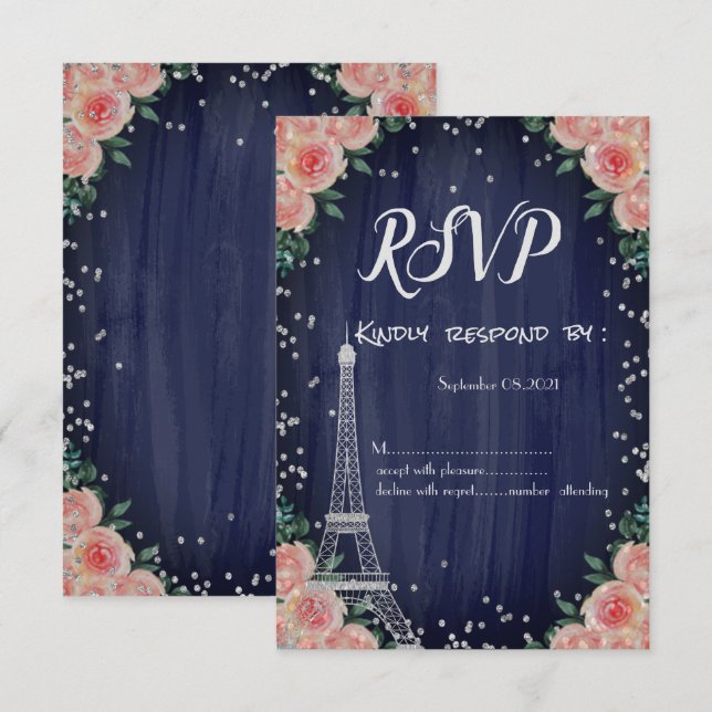 Silver Eiffel Tower Diamonds Flowers RSVP Invitation (Front/Back)