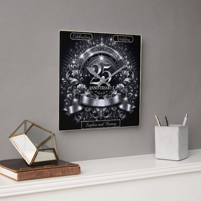 Silver Elegance: 25th Anniversary Square Wall Clock (Office)