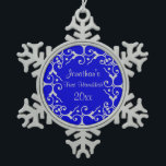 Silver Elegance First Hanukkah Snowflake Ornament<br><div class="desc">Lovely scroll design in silver over a bright royal blue background.  Customize the text.</div>