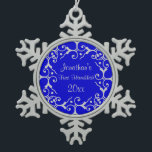 Silver Elegance First Hanukkah Snowflake Ornament<br><div class="desc">Lovely scroll design in silver over a bright royal blue background.  Customize the text.</div>