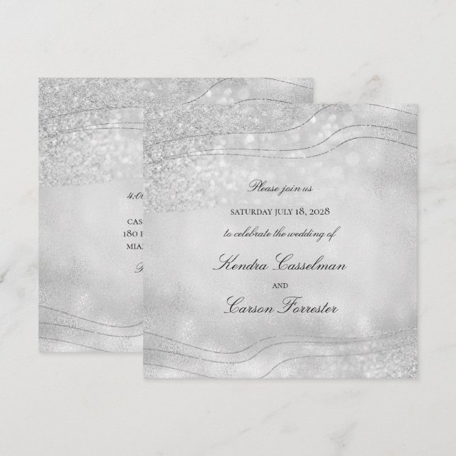 Silver Elegance Sparkling Modern Square Wedding Invitation (Front/Back)