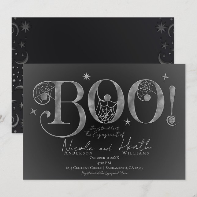 Silver Elegant BOO Magical Halloween Engagement   Invitation (Front/Back)