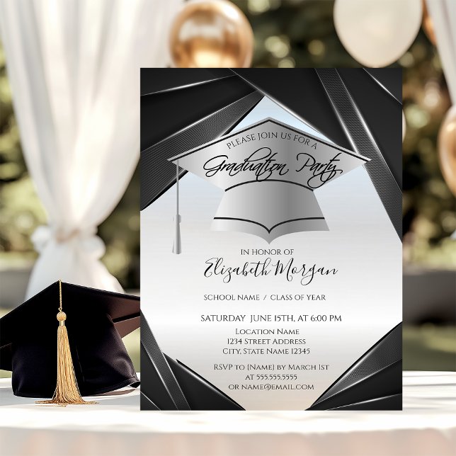 Silver Elegant Grad Cap Graduation Invitation (Creator Uploaded)
