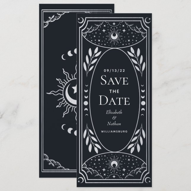 Silver Elegant Mystical Tarot Card Save the Date (Front/Back)