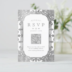Silver elegant ornate vintage QR code wedding RSVP Card