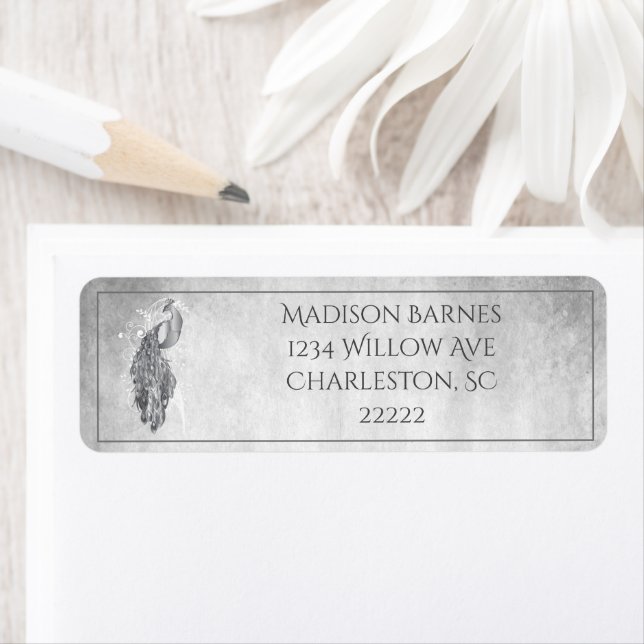 Silver Elegant Peacock Label (Insitu)