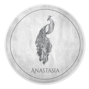 Silver Elegant Peacock Personalized Ceramic Knob