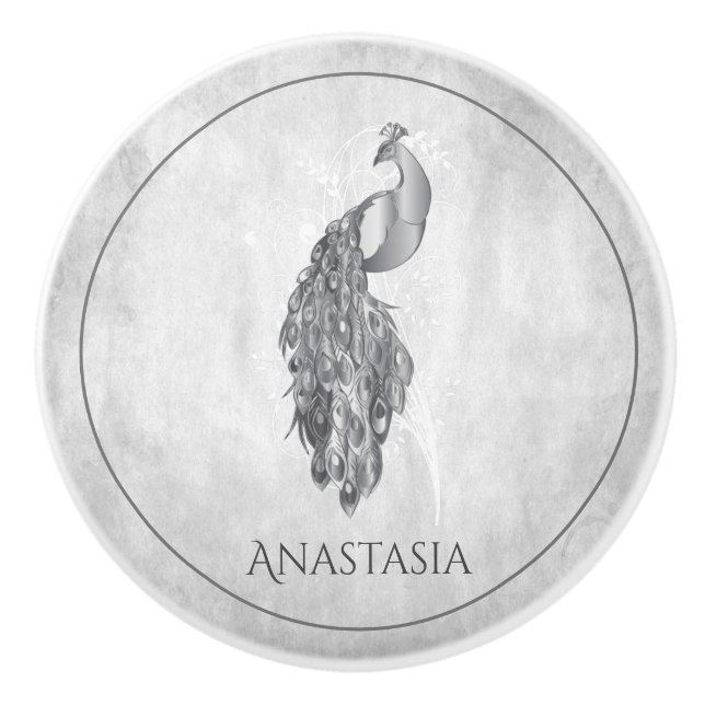 Silver Elegant Peacock Personalized Ceramic Knob (Front)