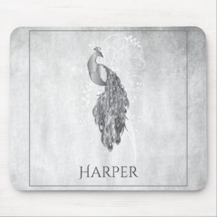 Silver Elegant Peacock Personalized Mouse Pad