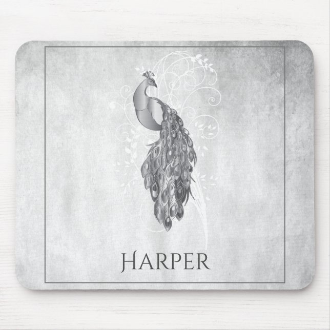 Silver Elegant Peacock Personalized Mouse Pad (Front)