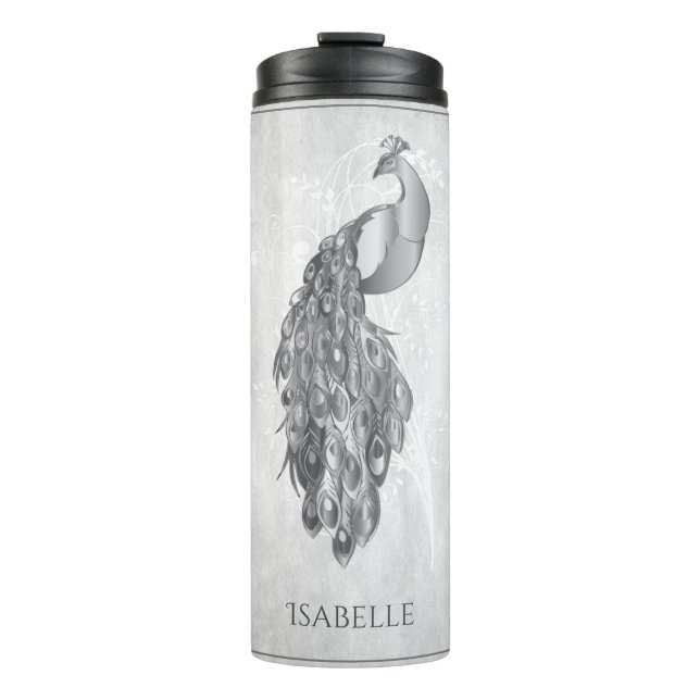 Silver Elegant Peacock Personalized Thermal Tumbler (Front)