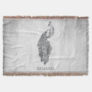 Silver Elegant Peacock Personalized Throw Blanket