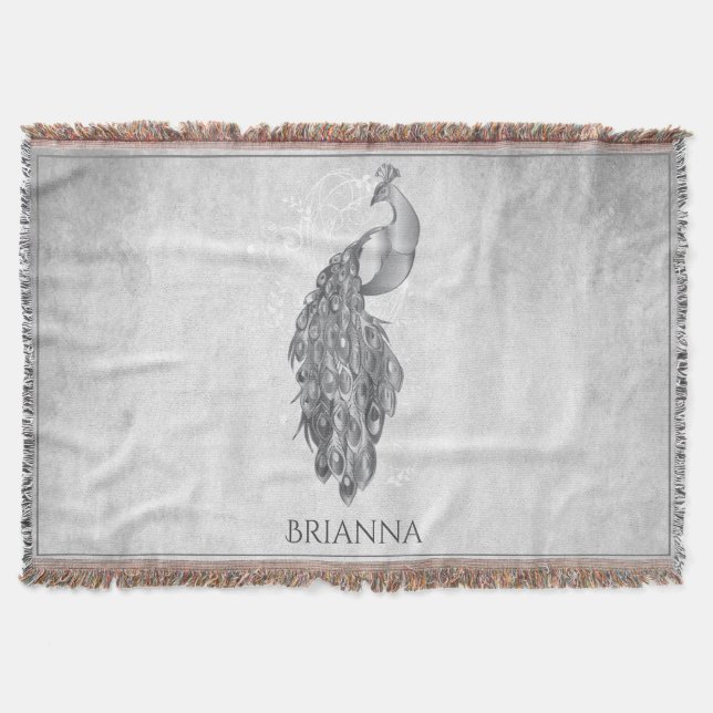 Silver Elegant Peacock Personalized Throw Blanket (Front)