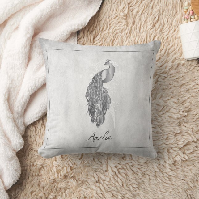 Silver Elegant Peacock Throw Pillow (Blanket)