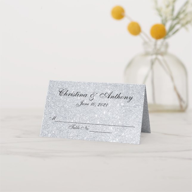 Silver Elegant Personalized Wedding Place Card (Front)