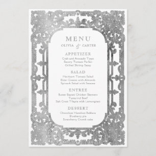 Silver elegant romantic ornate vintage wedding menu