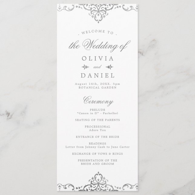 Silver elegant romantic ornate vintage wedding program (Front)
